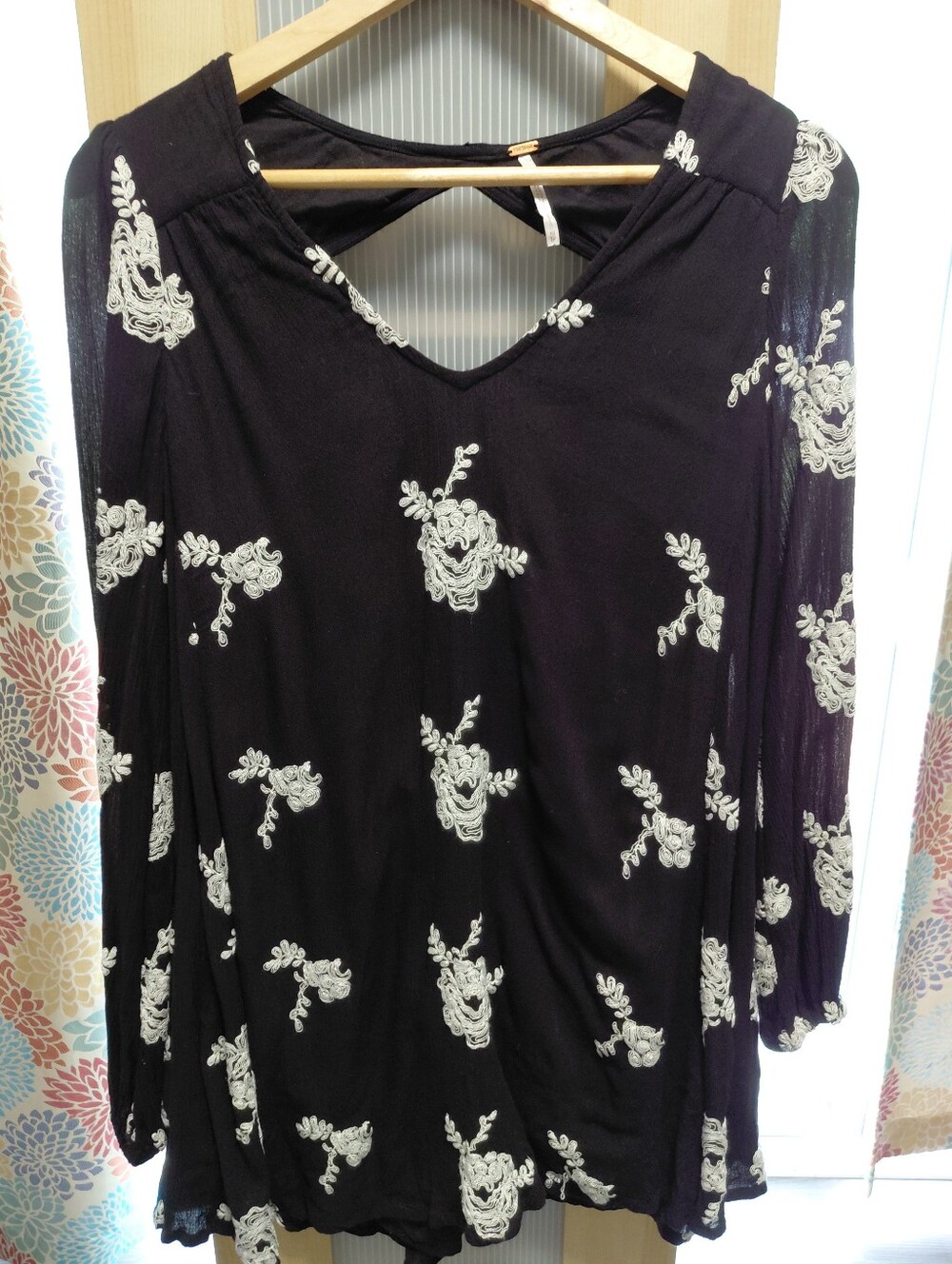 Free People Black Tunic with White Floral Embroidery